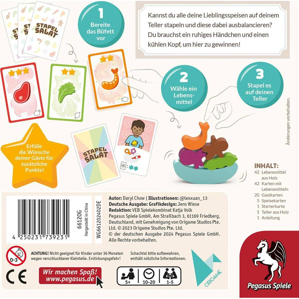 Spielanleitung mit Karten, Holzfiguren und Spielbrett. Enthält Warnhinweis.