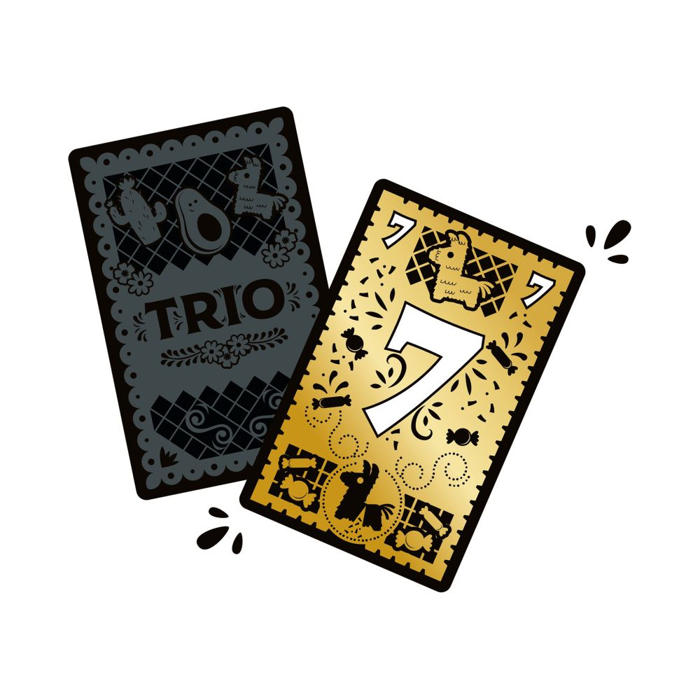 Dwie karty, złota z cyfrą 7 i szara z napisem TRIO i meksykańskimi symbolami.