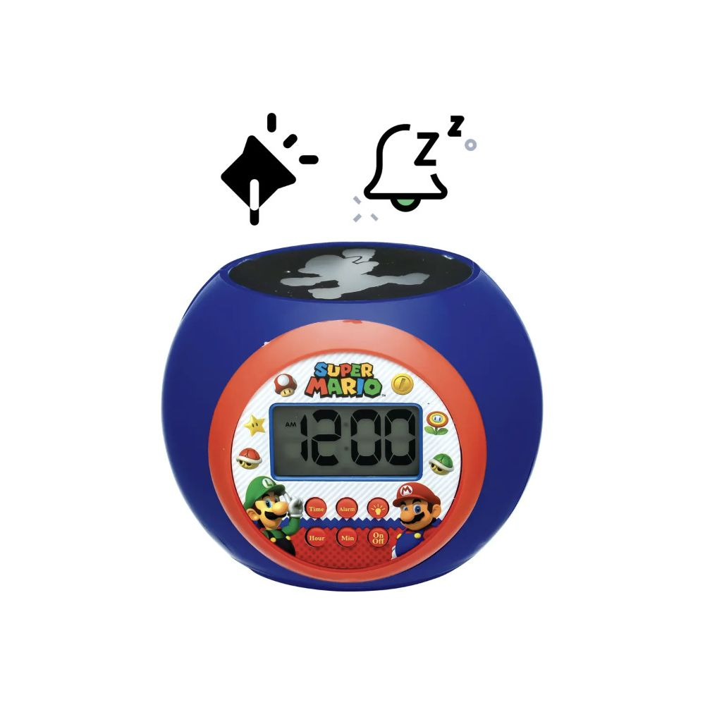 Reloj despertador azul de Super Mario con pantalla digital 12:00 y personajes.