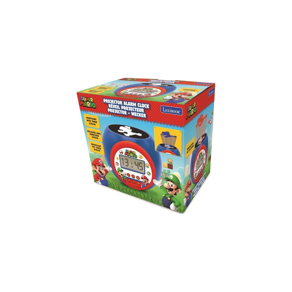 Despertador proyector Super Mario con pantalla digital y arte de personajes.
