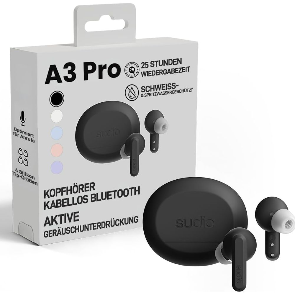 Confezione delle cuffie Sudio A3 Pro con custodia di ricarica, auricolari ed etichettatura.