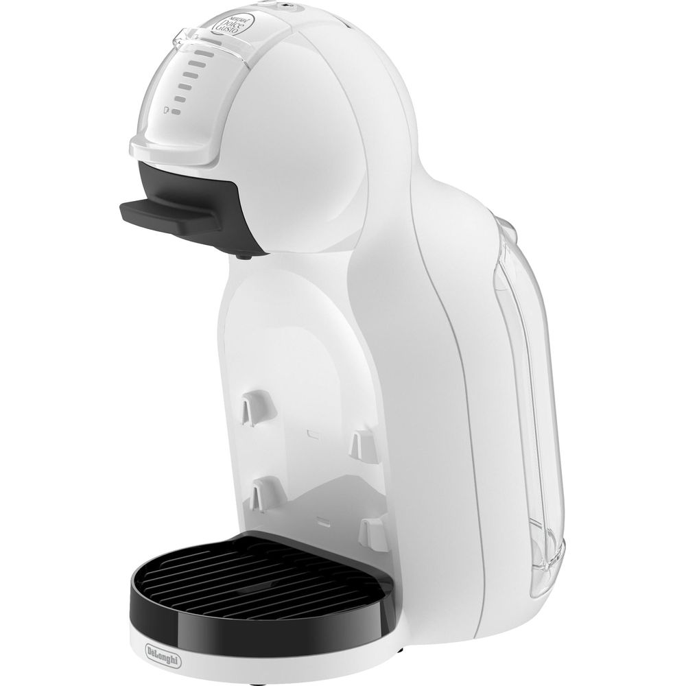Eine weiße Kapselkaffeemaschine mit schwarzer Abtropffläche.