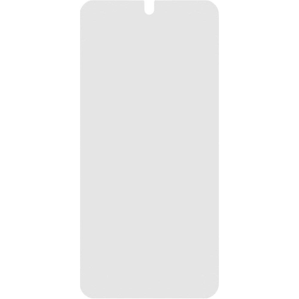 Een lichtgrijze, rechthoekige schermprotector met afgeronde hoeken.