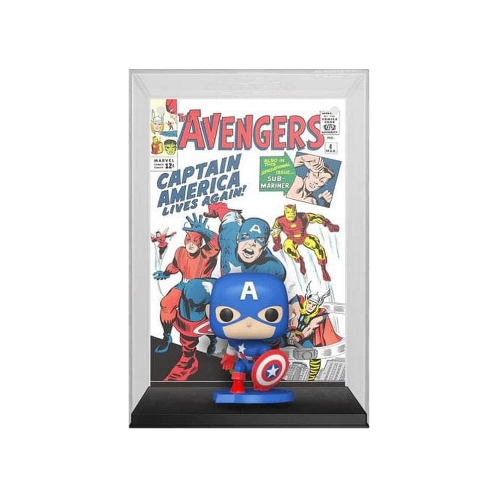 Un Funko Pop di Capitan America davanti a una copertina di fumetti Avengers con supereroi.