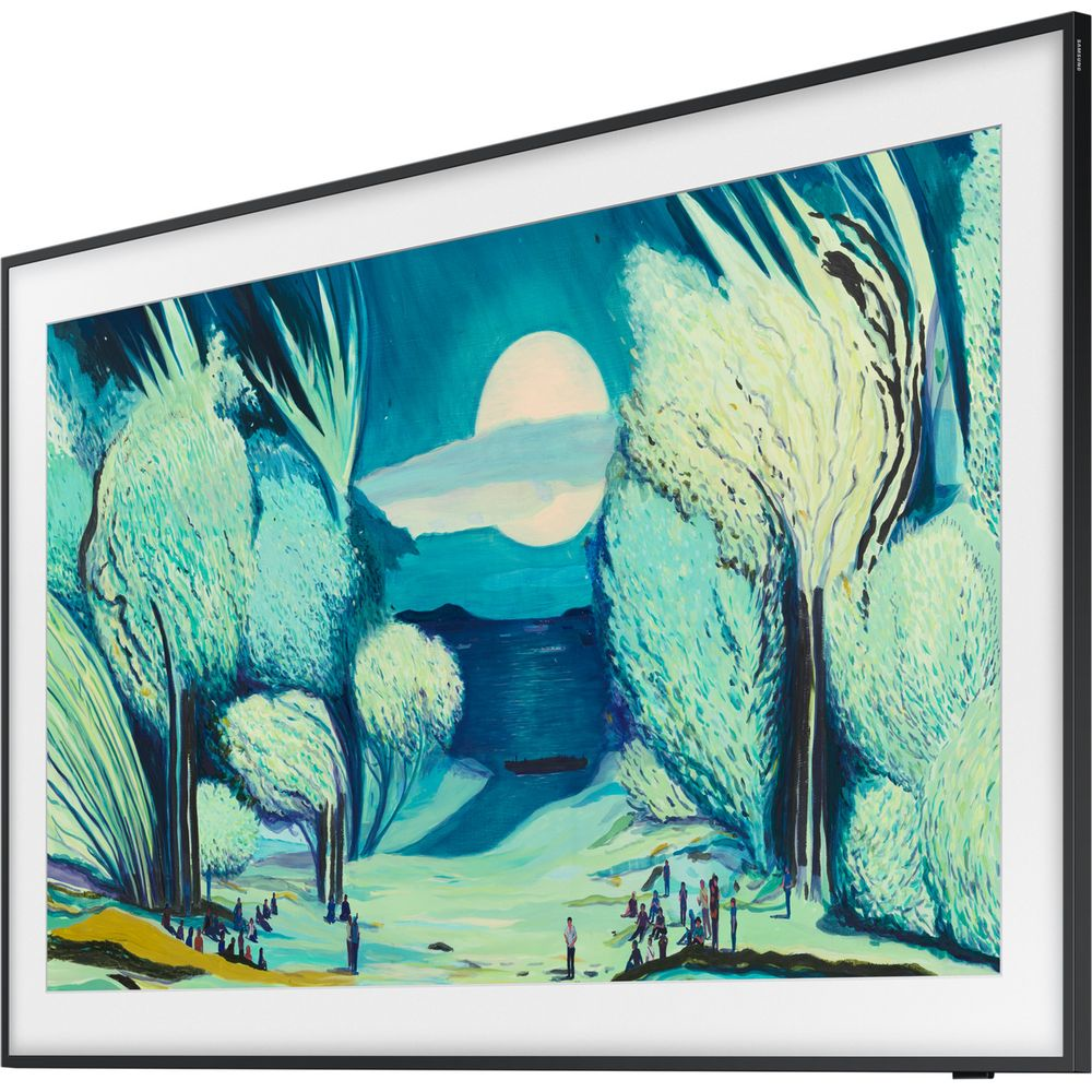 A moonlit landscape with trees and people by the water.