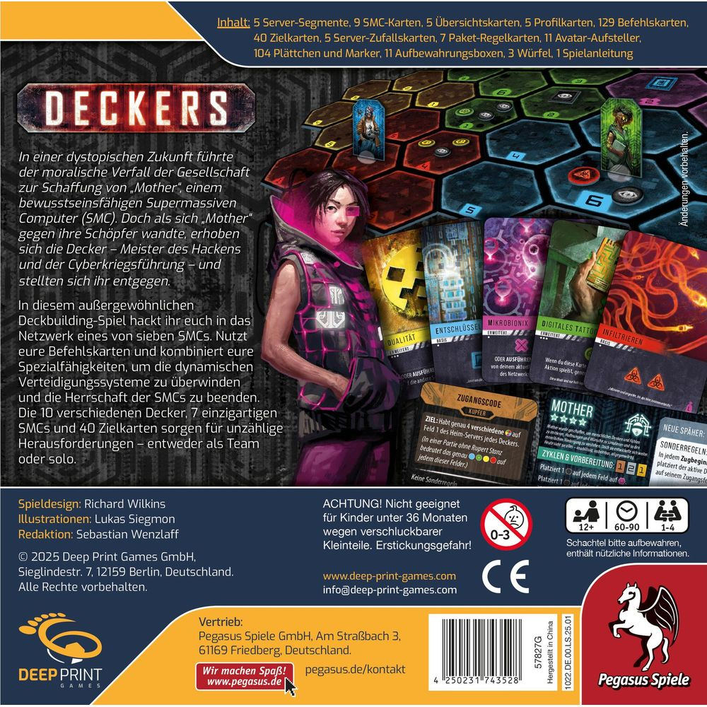 Tabellone di gioco con personaggio e carte di gioco. Include testo ed etichette di avviso.