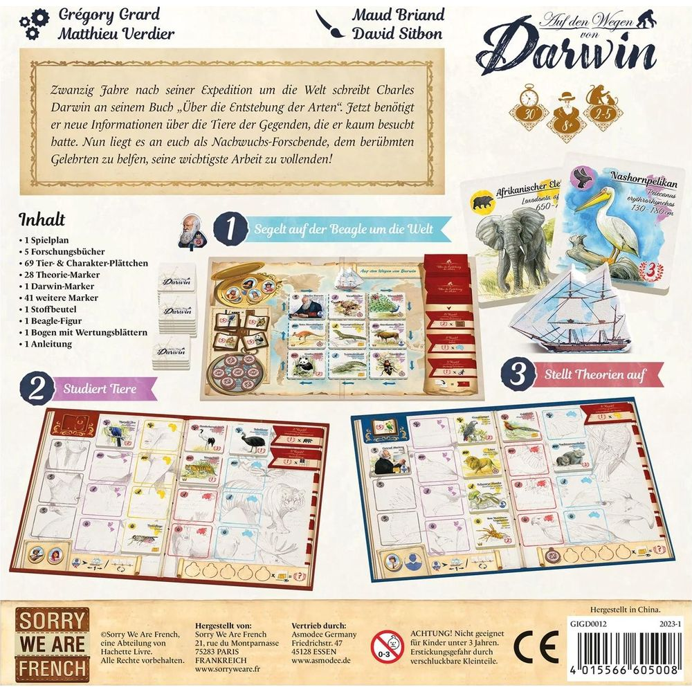 Brettspiel-Rückseite: "Auf den Wegen von Darwin" mit Spielkomponenten, Texten und Illustrationen.