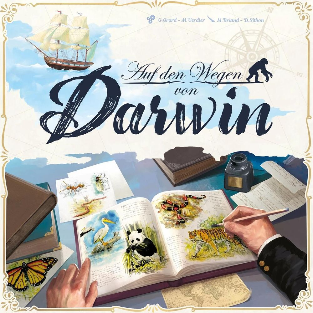 Darwins Reise: Ein Schiff segelt, ein Journal zeigt Tiere, eine Hand schreibt.