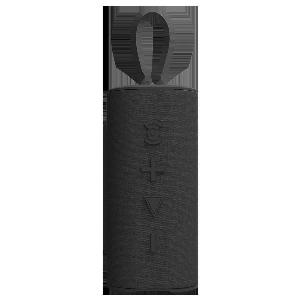Haut-parleur portable noir avec une sangle de transport et des boutons de commande.