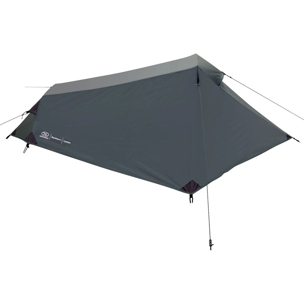 Una tenda grigia bicolore con tiranti, isolata su sfondo bianco.