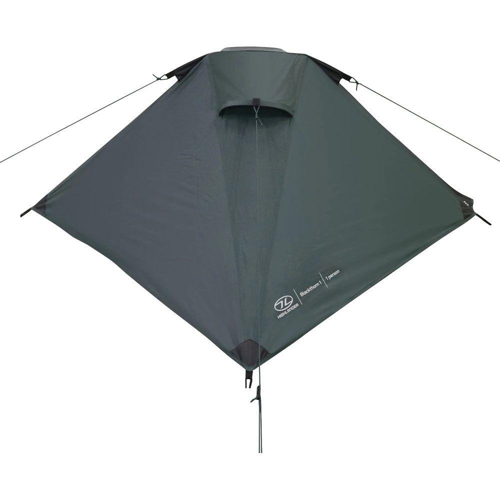 Tenda verde Highlander Blackthorn per 1 persona con picchetti e apertura d'ingresso.