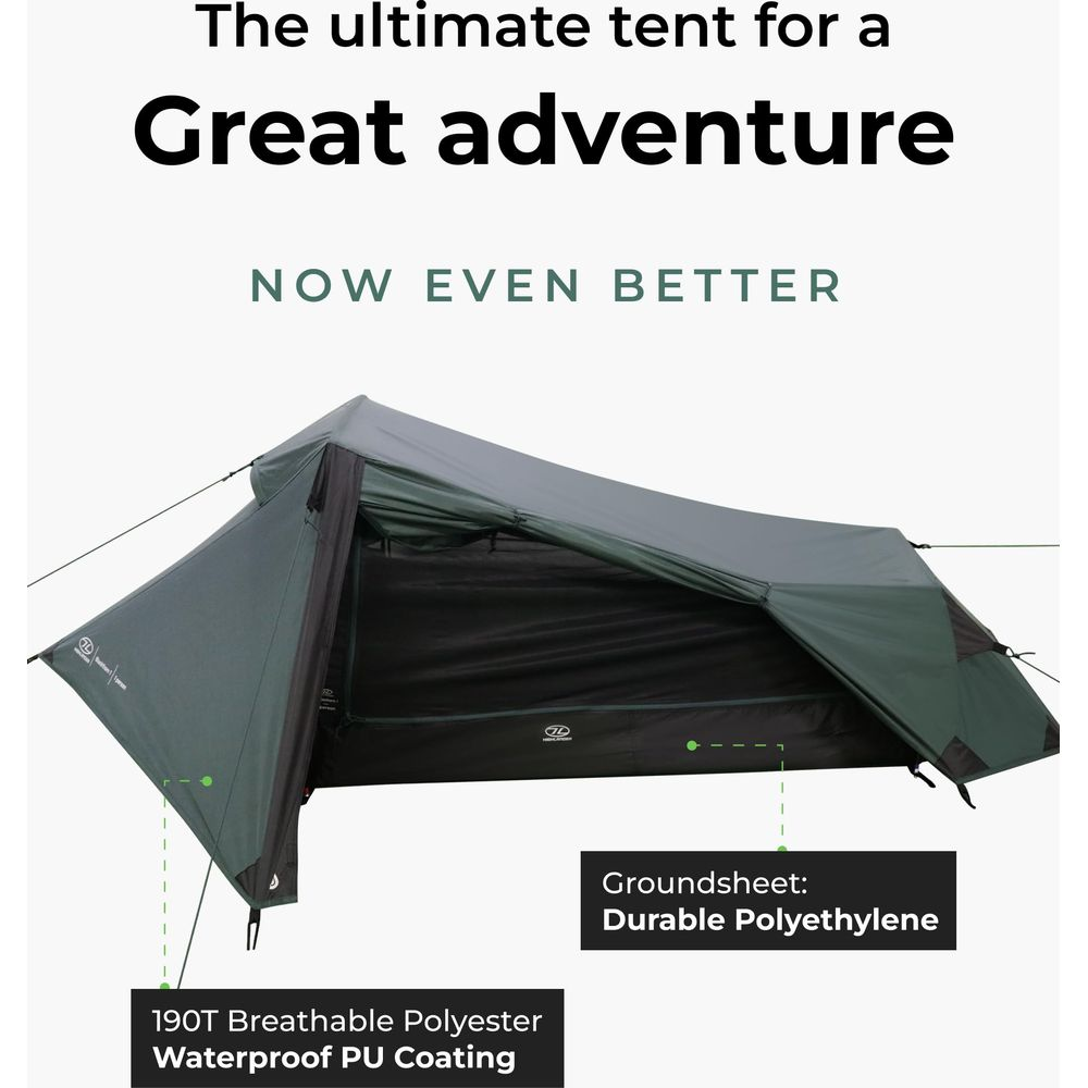 Una tenda verde scuro con interno nero. Testo: 'Grande avventura' e specifiche.