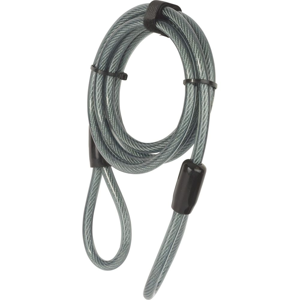 Un antivol à câble gris avec extrémités noires et boucles de fixation.