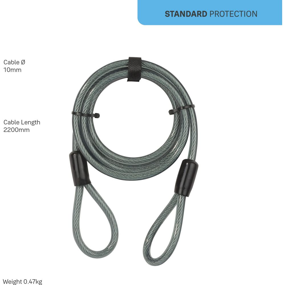 Un câble de sécurité gris enroulé avec extrémités noires, 10mm diamètre, 2200mm longueur, 0.47kg.
