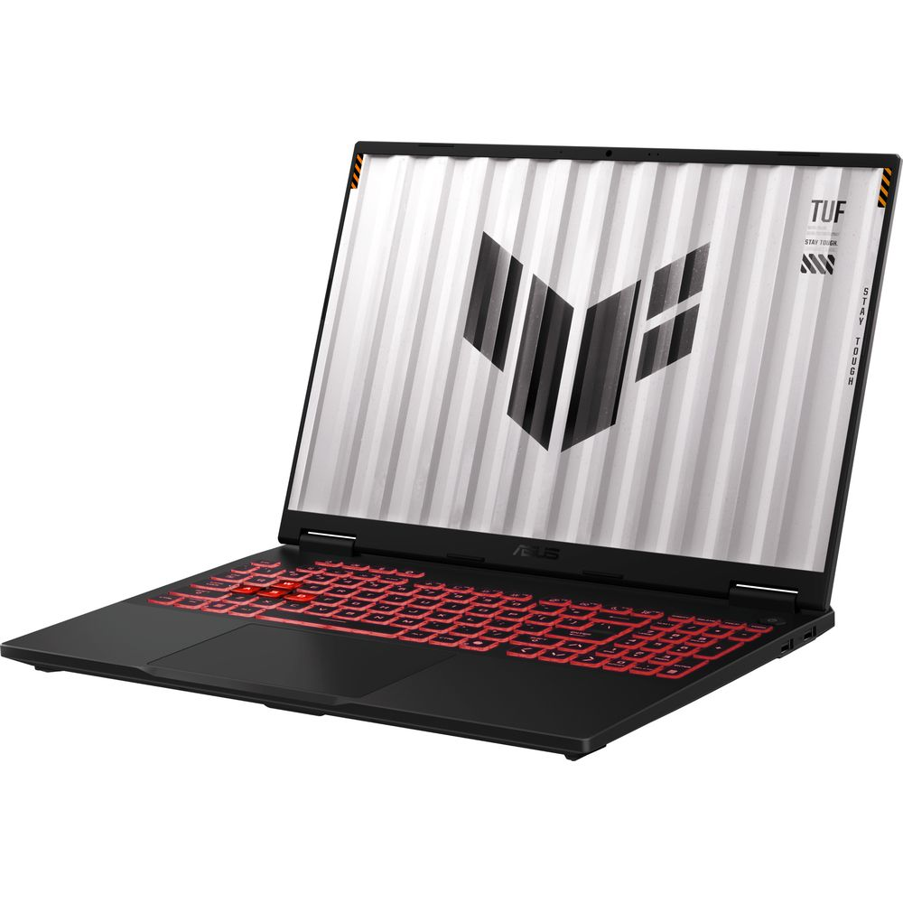 Schwarzer Laptop mit roter Tastatur und TUF-Logo auf dem Bildschirm.