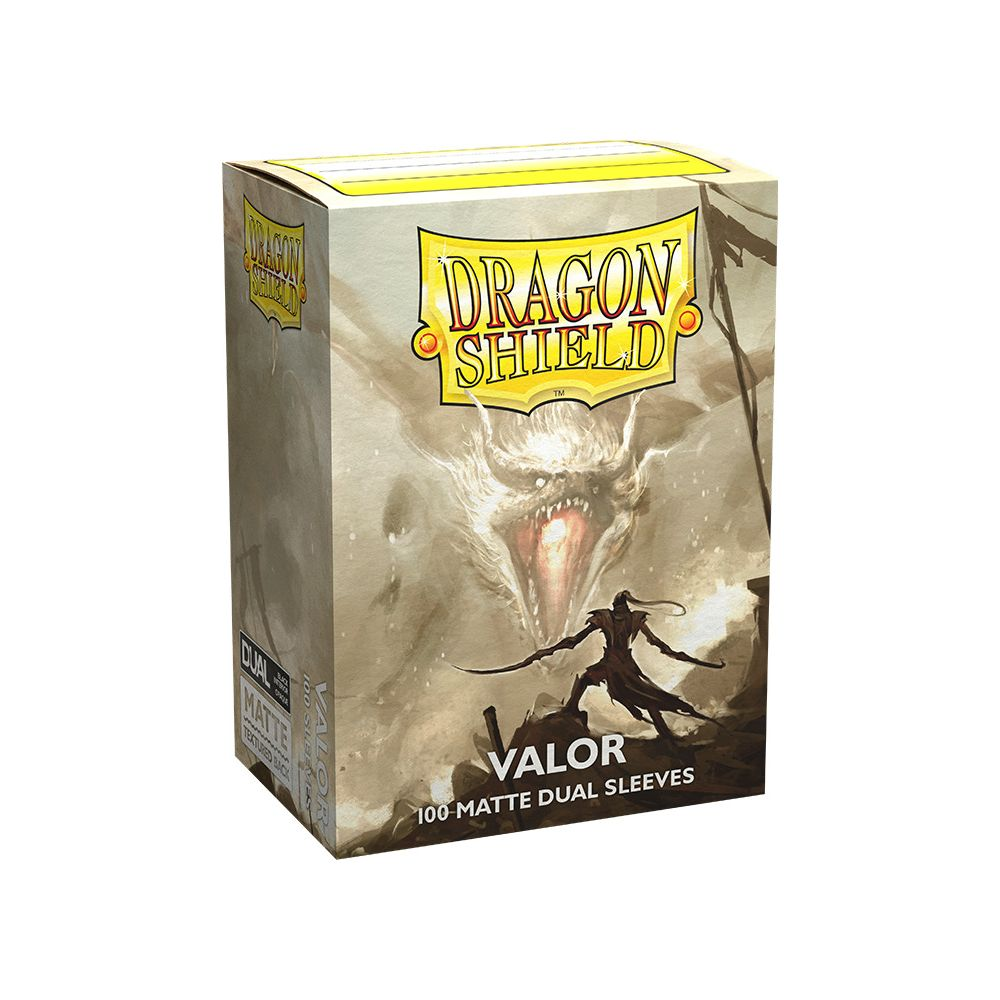 Caja de mazos Dragon Shield Valor con ilustración de dragón y guerrero.