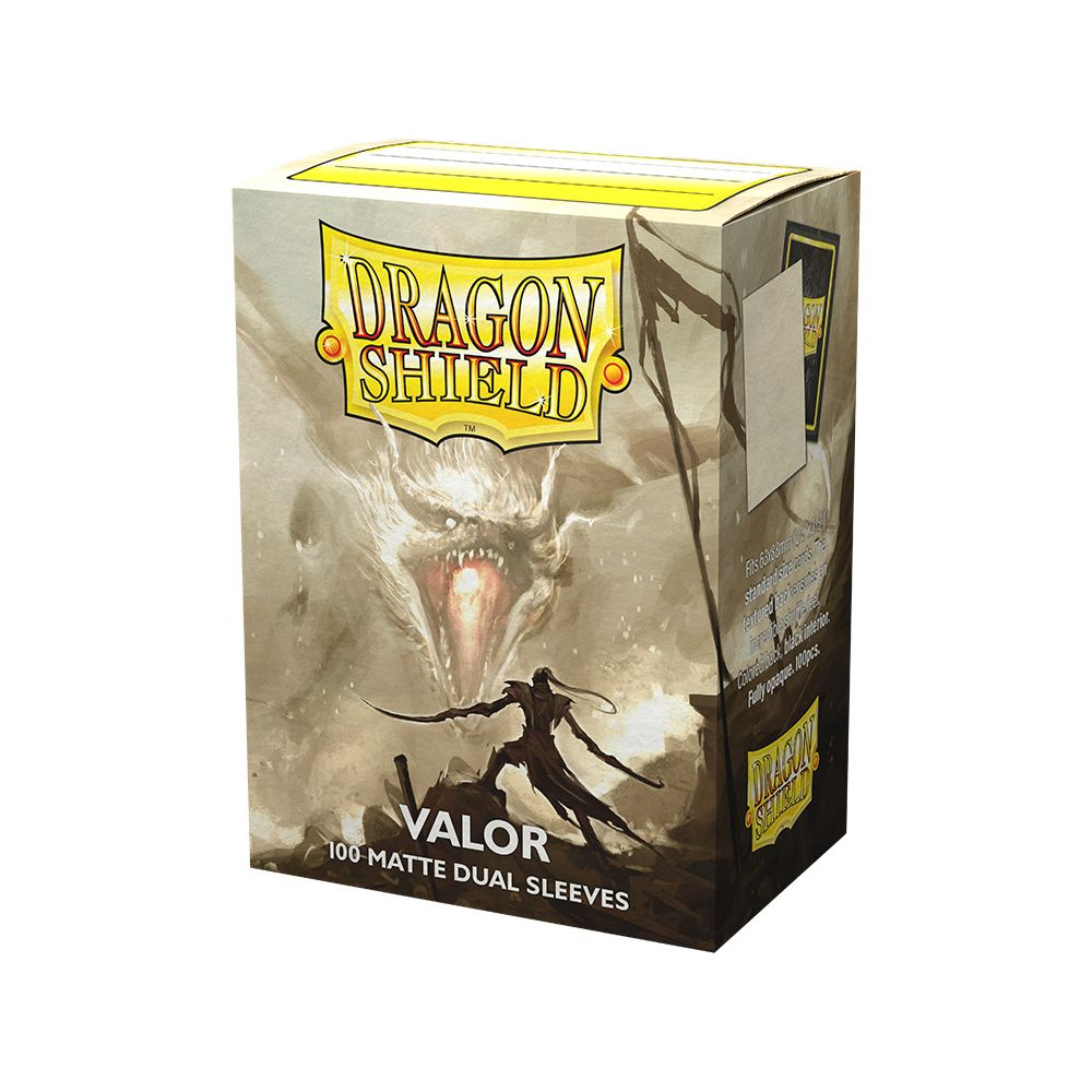 Caja de 100 fundas dobles mate Dragon Shield Valor con arte de dragón y guerrero.