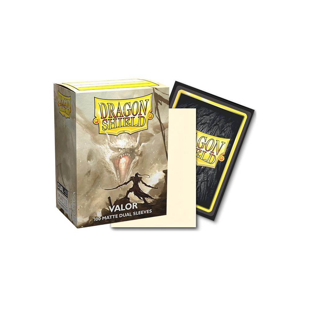 Fundas de cartas Dragon Shield Valor con ilustración de dragón y guerrero.