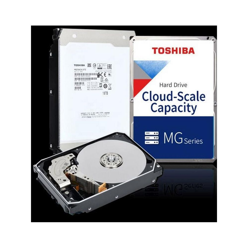 A Toshiba 18TB Cloud-Scale MG Series hard drive, partially opened.