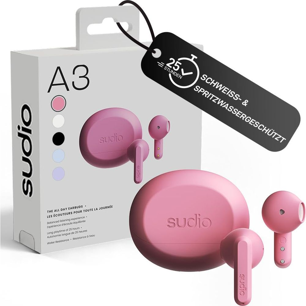 Confezione auricolari Sudio A3 rosa e custodia di ricarica. Batteria 25 ore.