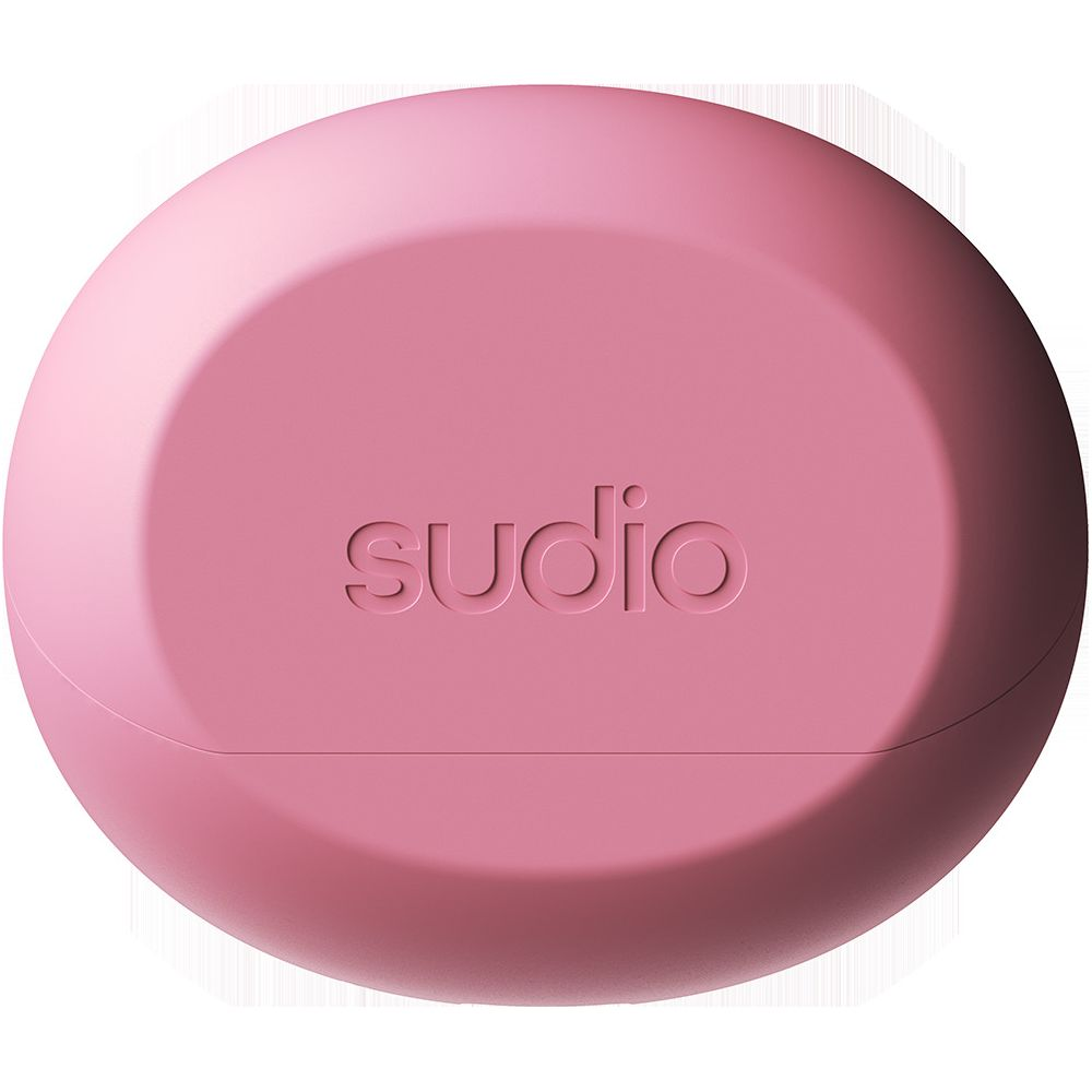 Una custodia di ricarica rosa per auricolari Sudio con logo.