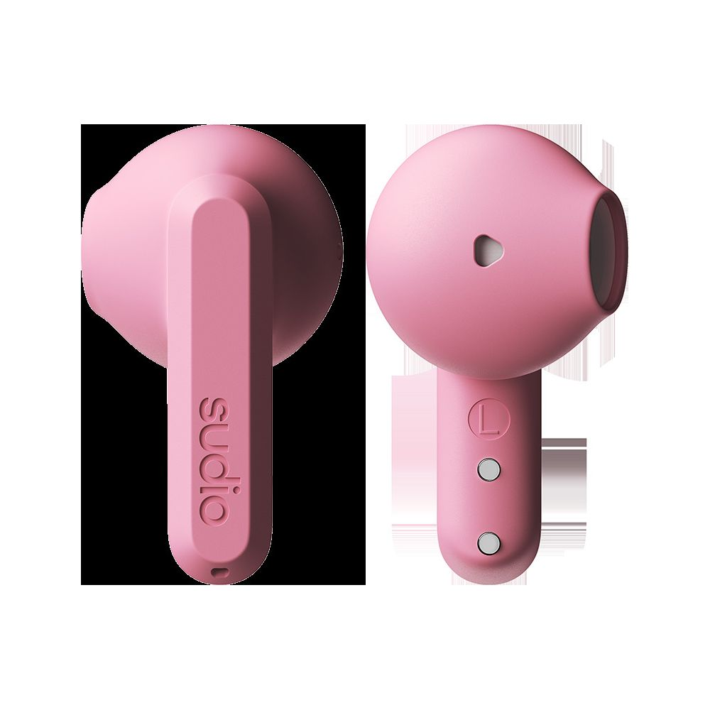 Due auricolari rosa, uno con testo "Sudio", mostrati separatamente.