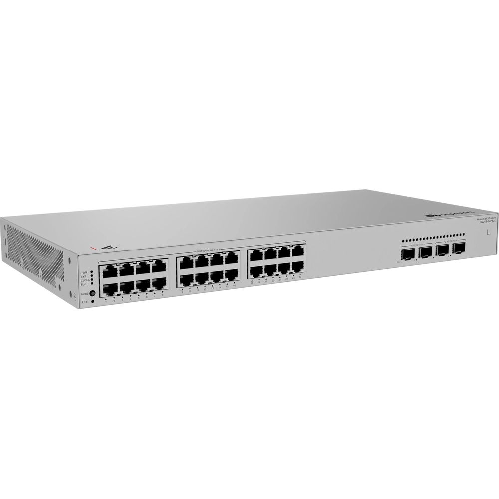 Uno switch di rete argentato con 24 porte Ethernet e LED di stato.
