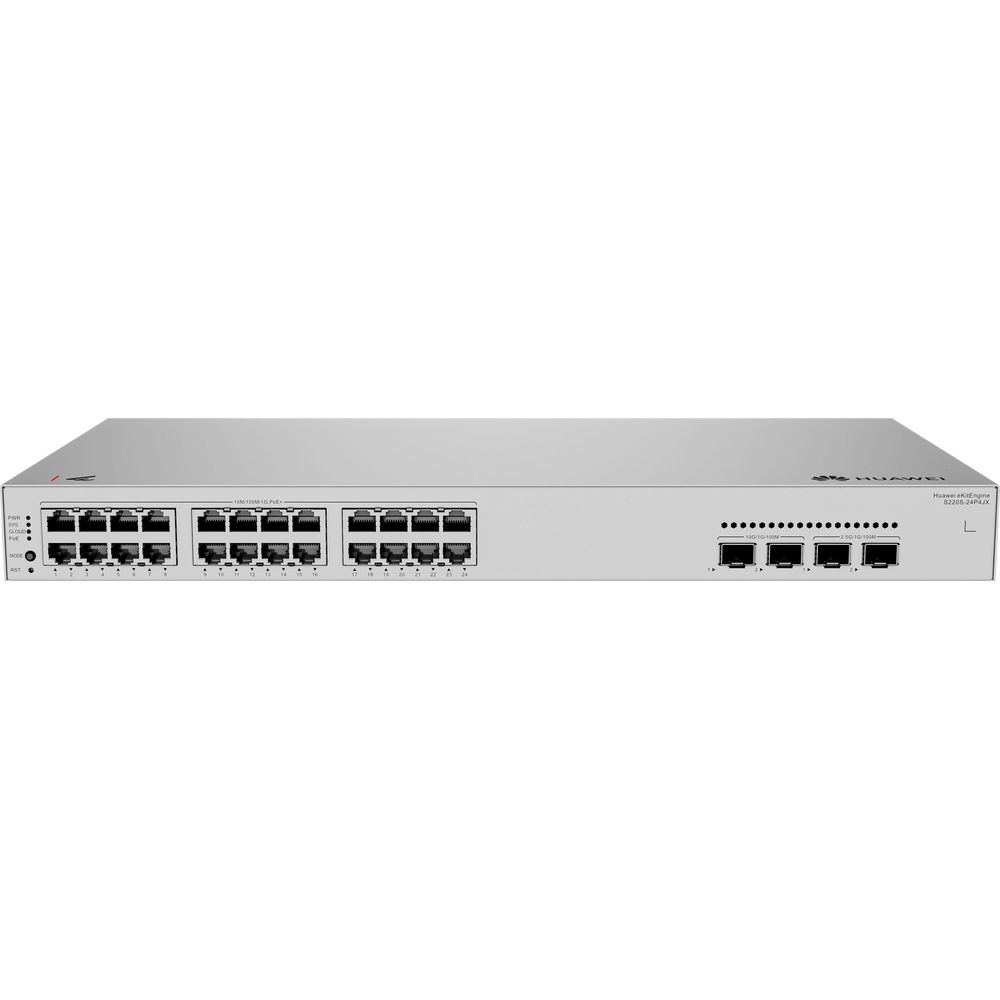 Switch di rete Huawei argentato con 24 porte Ethernet e 4 porte SFP+.