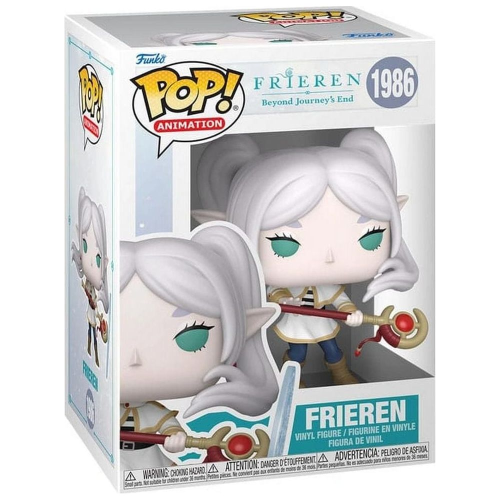 Caja de figura de vinilo Funko Pop! Animation Frieren mostrando a Frieren con pelo blanco.