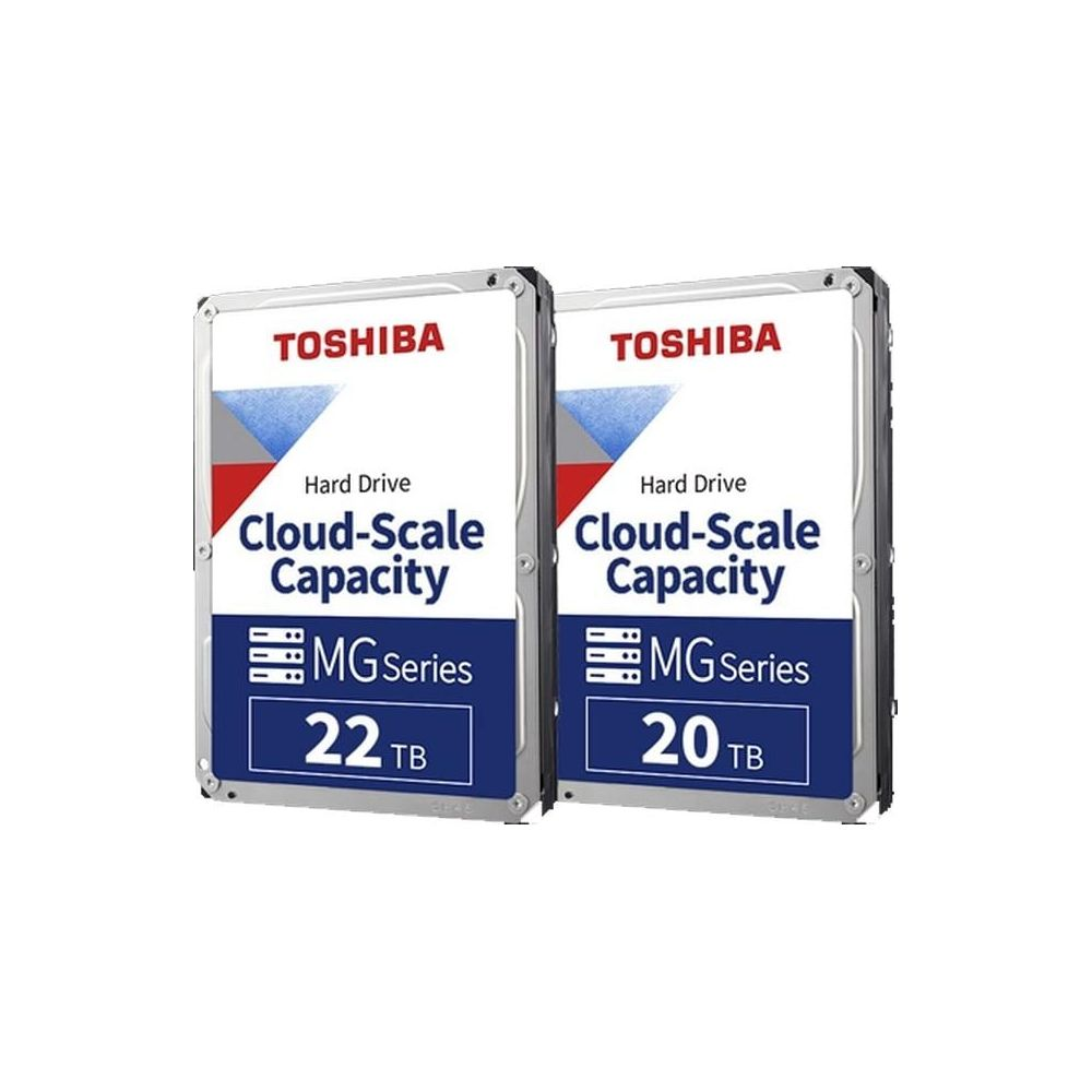 Two Toshiba hard drives, 22TB and 20TB, MG Series, Cloud-Scale Capacity.
