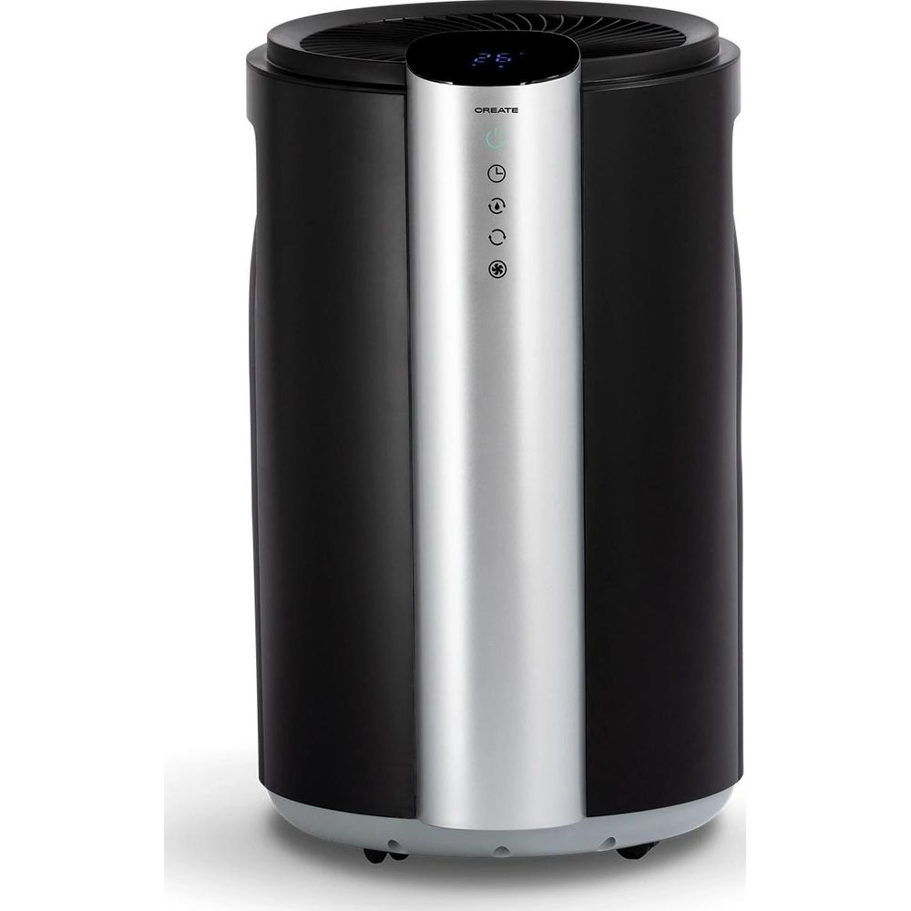 Un purificador de aire negro con panel plateado y botones de control.