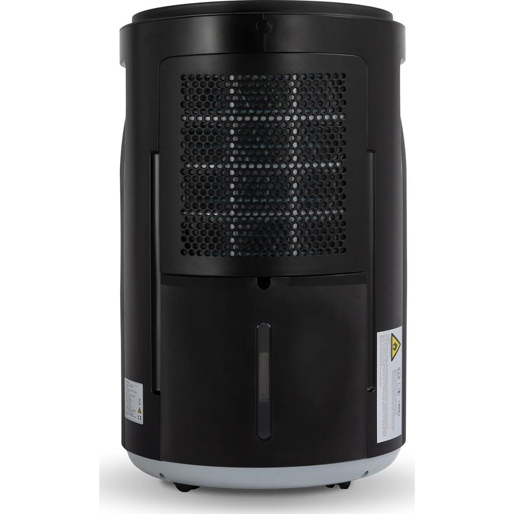 Vista trasera de un deshumidificador negro con rejilla de ventilación y depósito de agua.