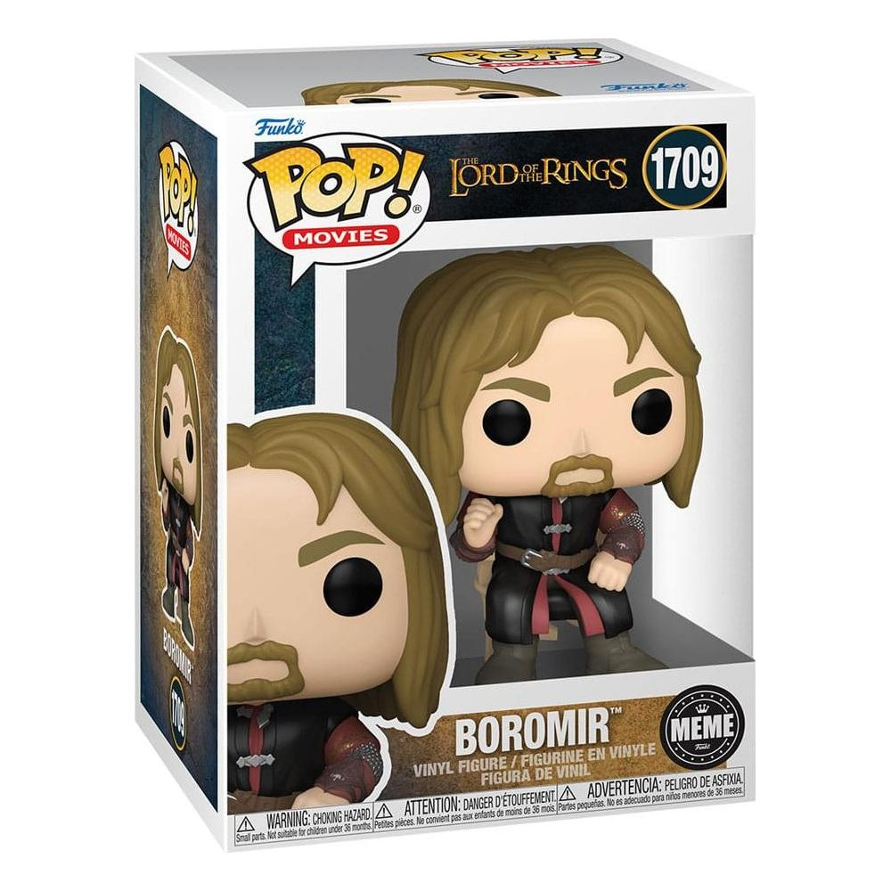 Figurka Funko Pop Boromir z Władcy Pierścieni w pudełku z ostrzeżeniami.