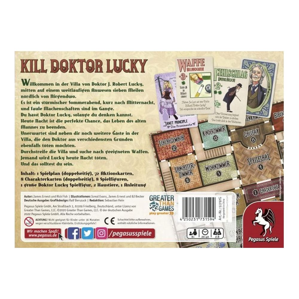 Brettspiel 'Kill Doctor Lucky' mit Spielplan, Karten, Figuren und Anleitung.