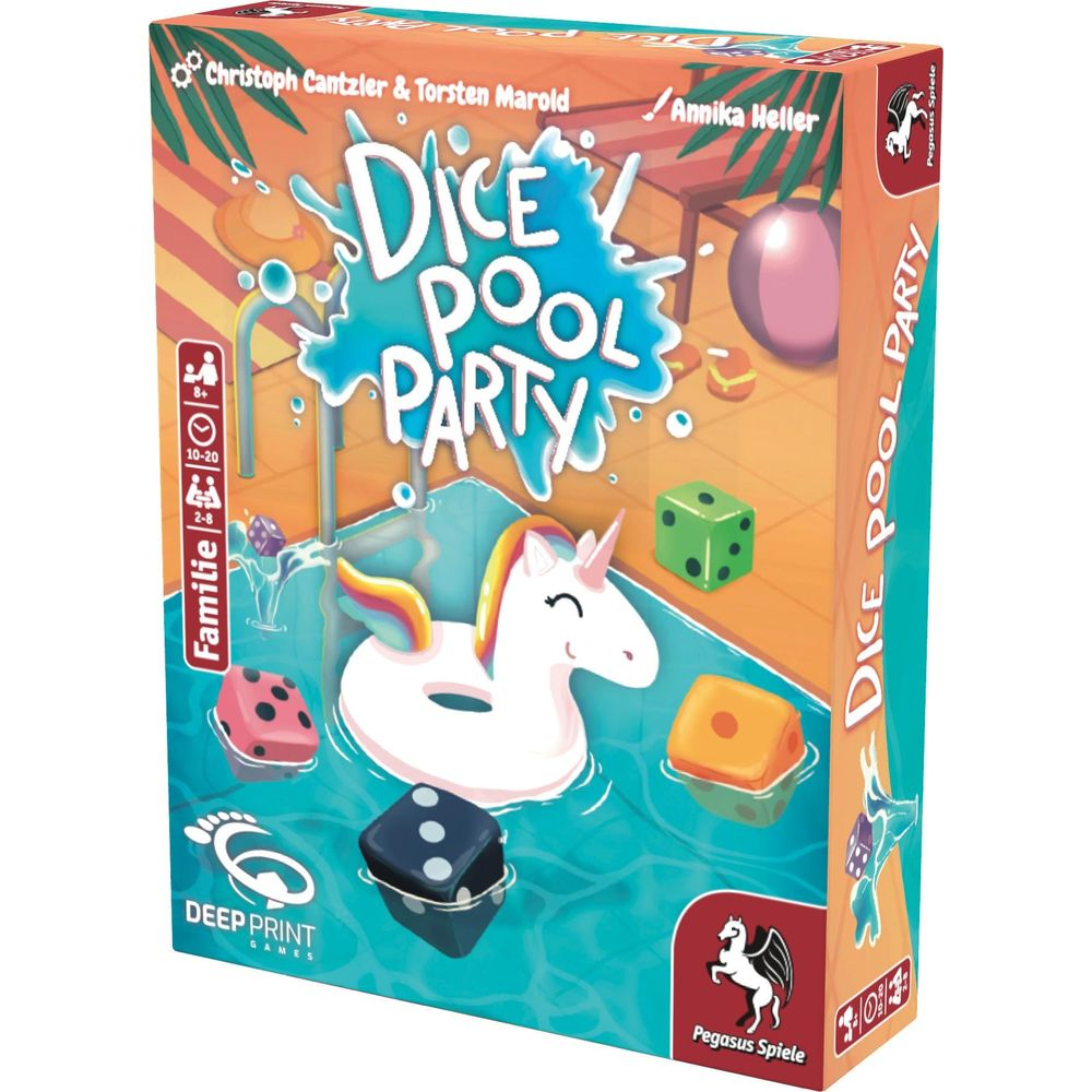 Ciambella unicorno con dadi in piscina. Scatola del gioco, titolo "Dice Pool Party".