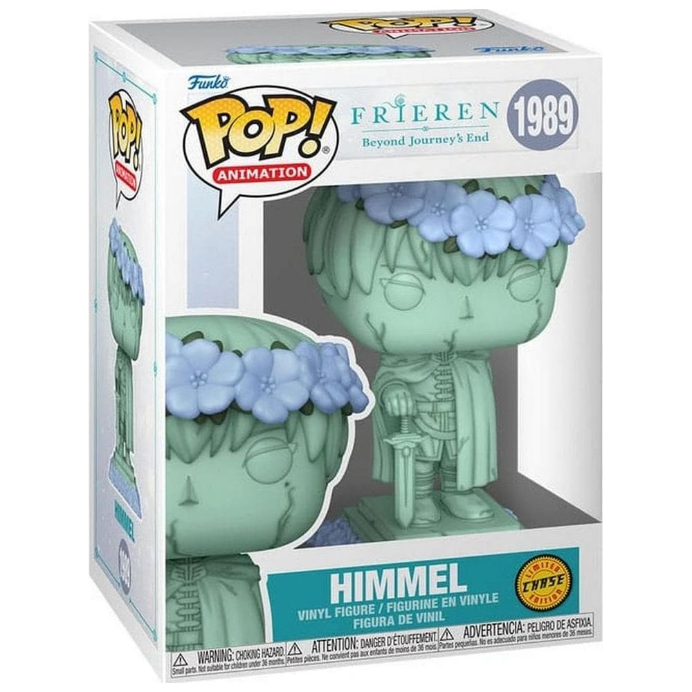 Dwie miętowo-zielone figurki Funko Pop! Himmel z niebieskimi kwiatami we włosach, w pudełku.
