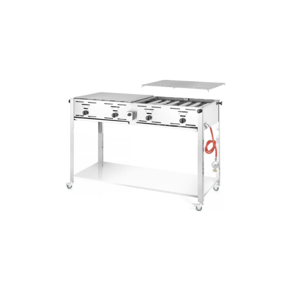 Carrello griglia a gas bianco con due bruciatori e una griglia, collegato a bombola.