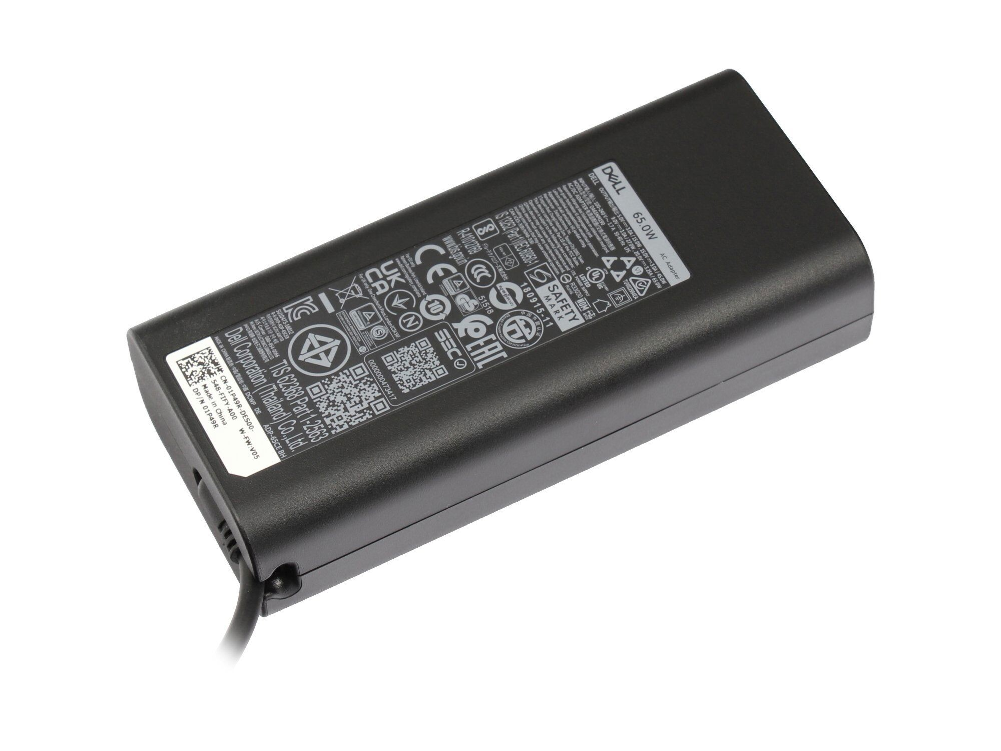 Schwarzer Dell 65W AC-Adapter mit vielen Zulassungszeichen.