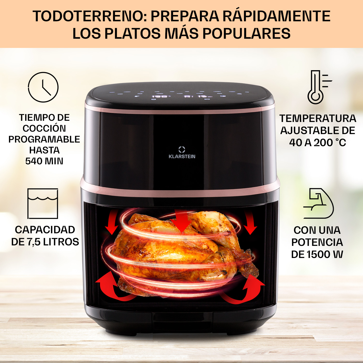 Friggitrice ad aria nera con pollo arrosto intero all'interno, mostra funzioni di cottura come tempo, temperatura, capacità, potenza.