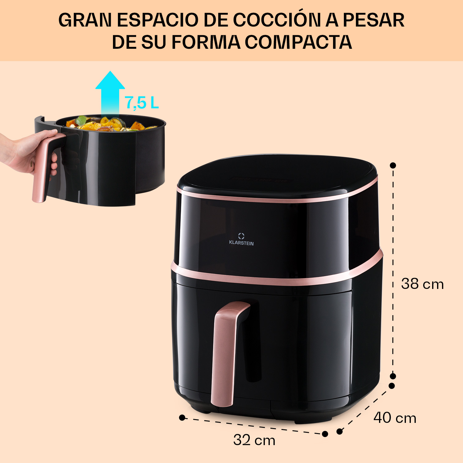Friggitrice ad aria nera con accenti oro rosa, capacità 7,5L.