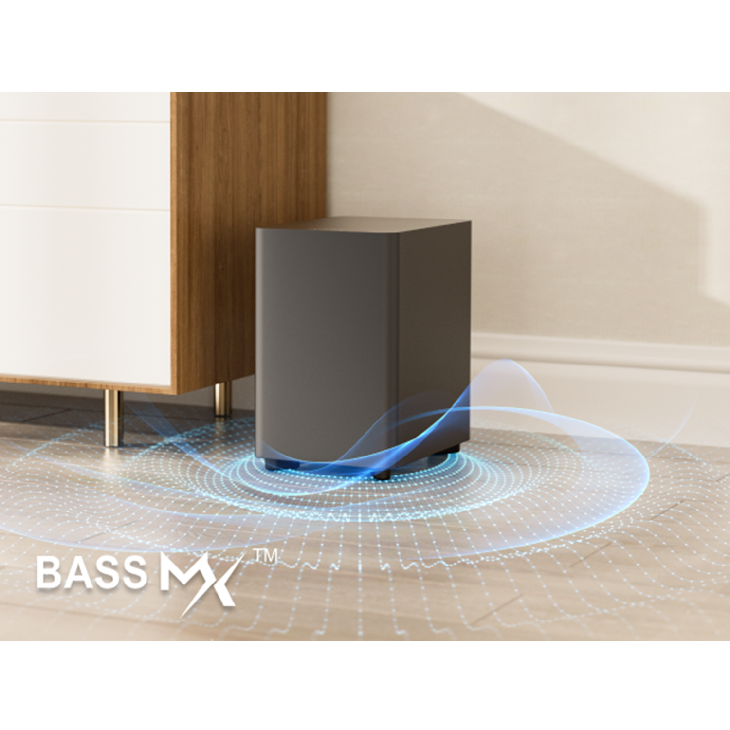 Un subwoofer noir sur plancher bois, avec des ondes sonores bleues.