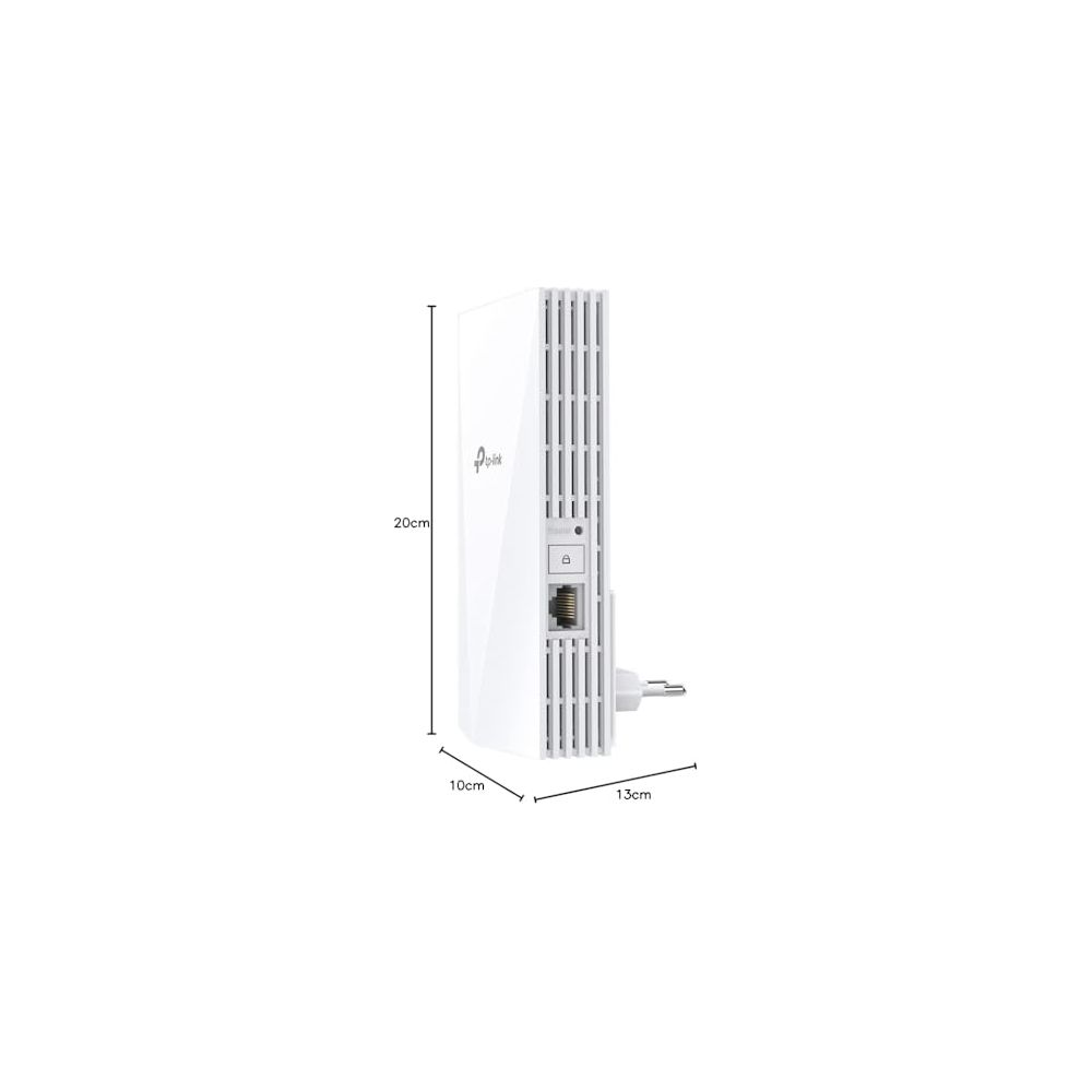 Biały wzmacniacz Wi-Fi TP-Link z portem Ethernet, wymiary 20x10x13cm.