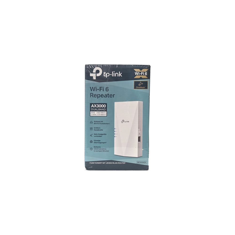 TP-Link Wi-Fi 6 AX3000 Dwuzakresowy wzmacniacz w opakowaniu z obrazem produktu.