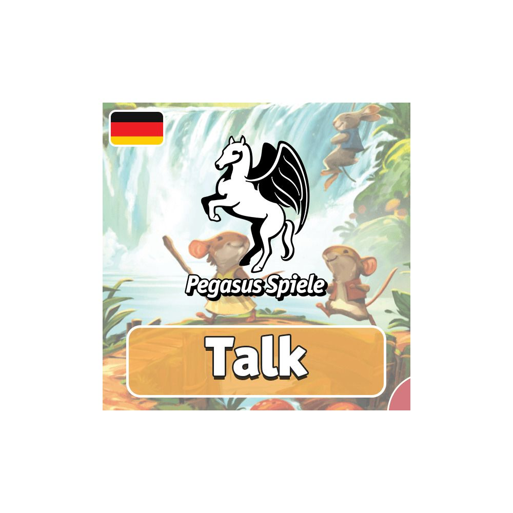 Drapeau allemand, logo Pegasus Spiele, souris, cascade, texte 'Talk'.