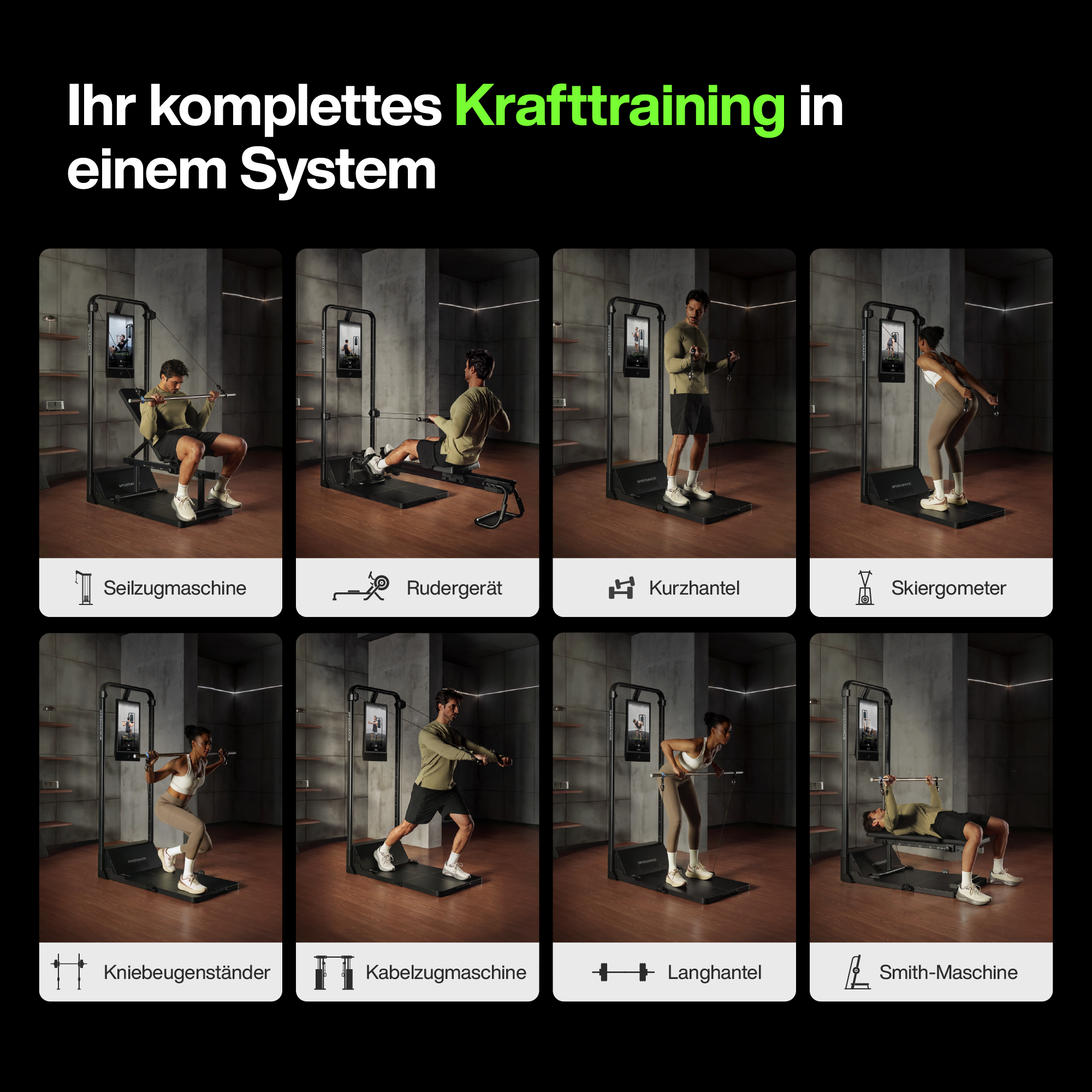 Grafik zeigt 8 Fitnessübungen mit einem multifunktionalen Gerät.