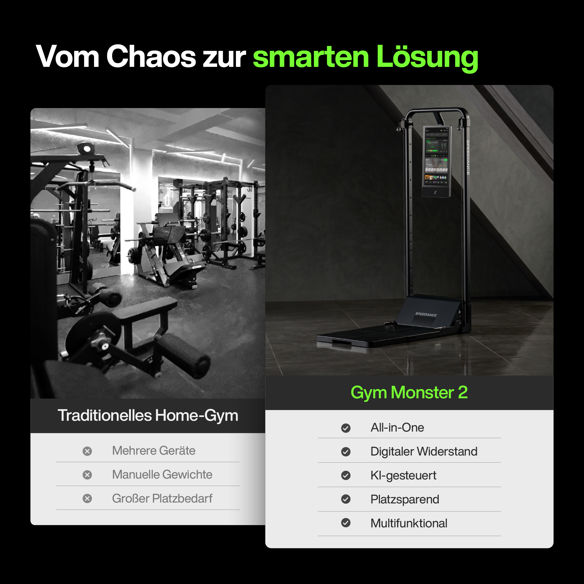 Vergleich von traditionellem Home-Gym und Gym Monster 2 mit Funktionen.
