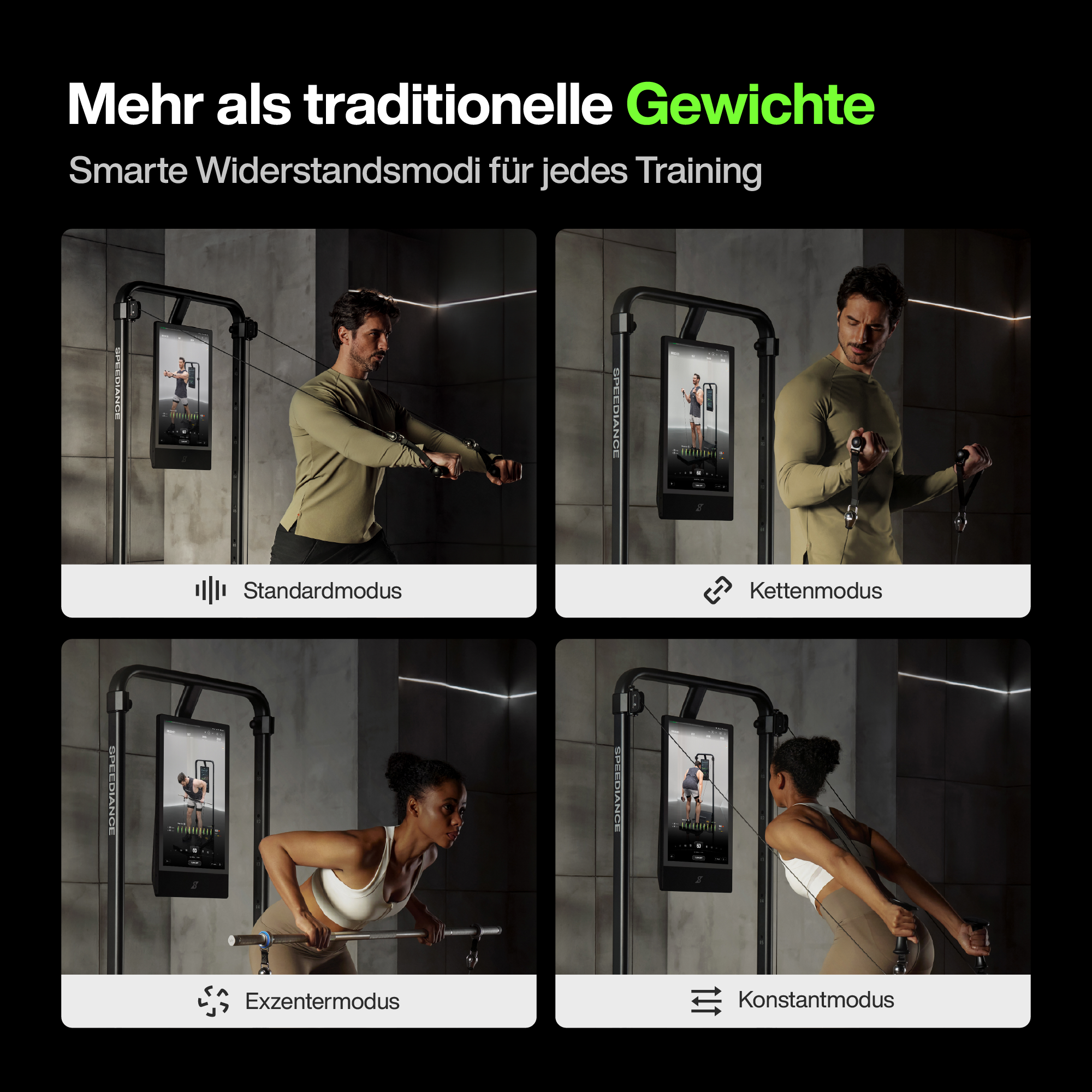 Vier Trainingsmodi mit einem Mann und einer Frau, die Übungen machen.
