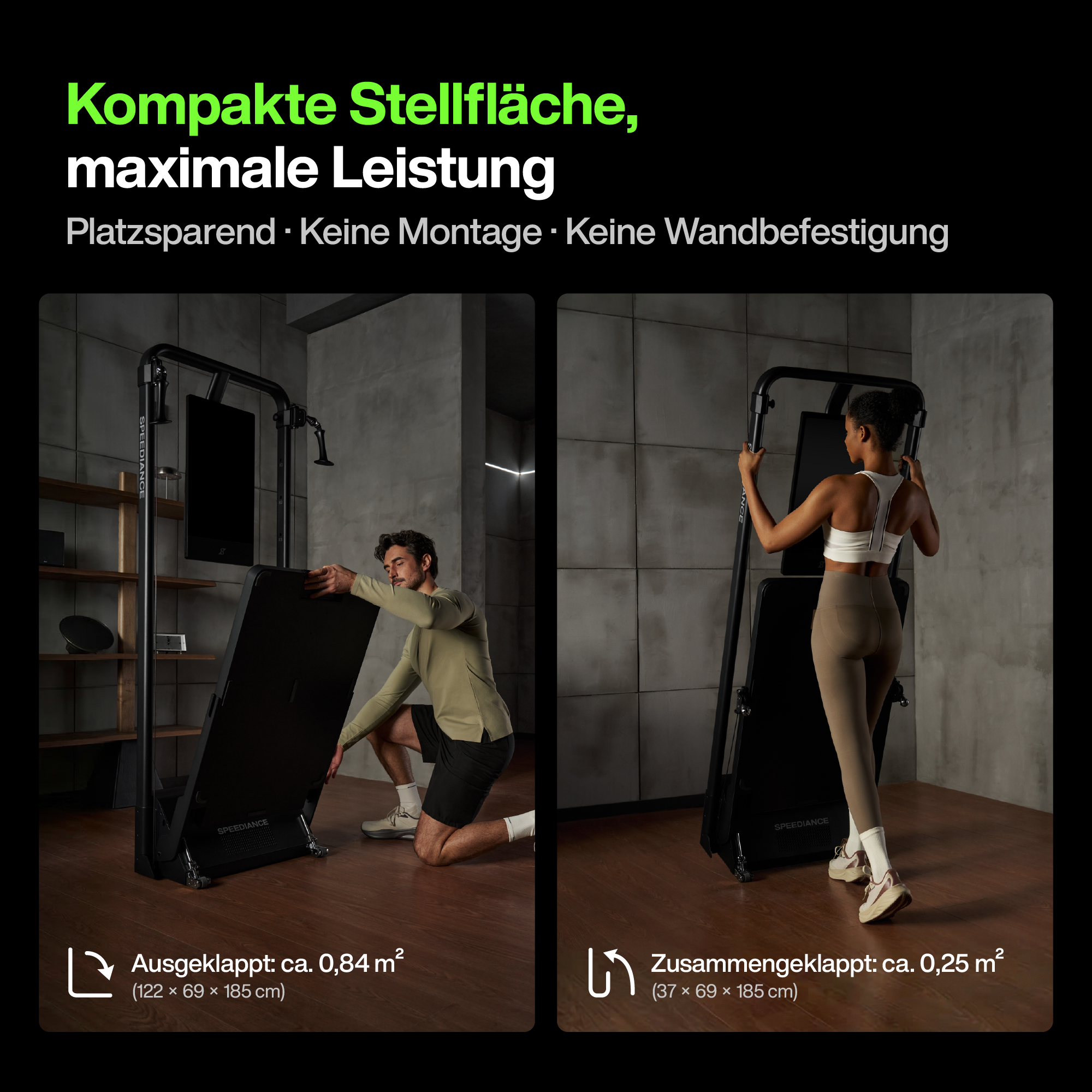 Ein Mann klappt ein Laufband aus, eine Frau steht daneben.