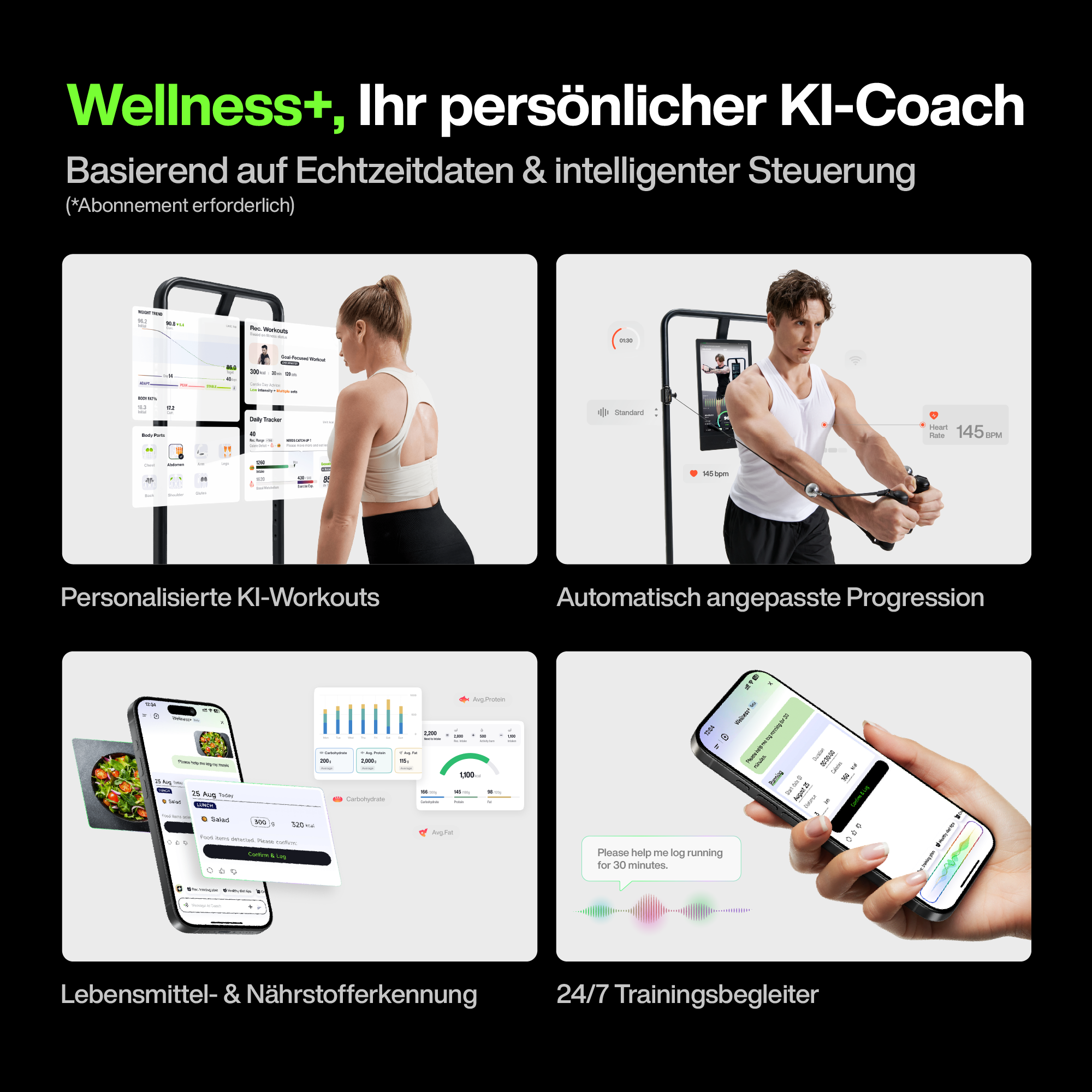 Vier Grafiken zeigen eine Fitness-App: personalisierte Workouts, Herzfrequenz, Ernährung und Laufprotokoll.
