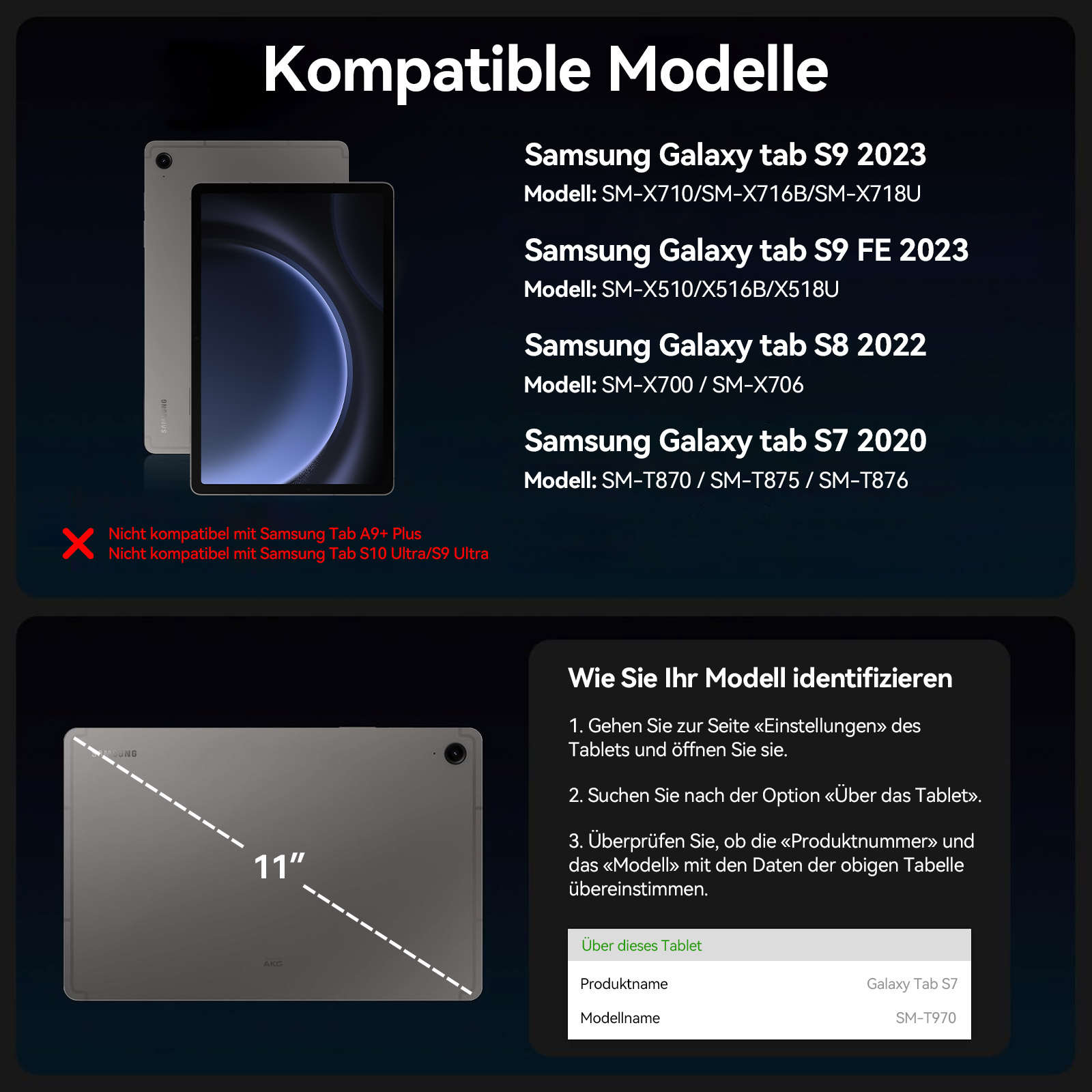Kompatible Samsung Tablets & Modellidentifikation. Liste von kompatiblen Modellen & Anleitung.